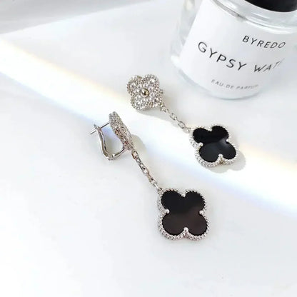 [AuraEcho]CLOVER 2 MOTIFS  DIAMOND ONYX EARRINGS SILVER