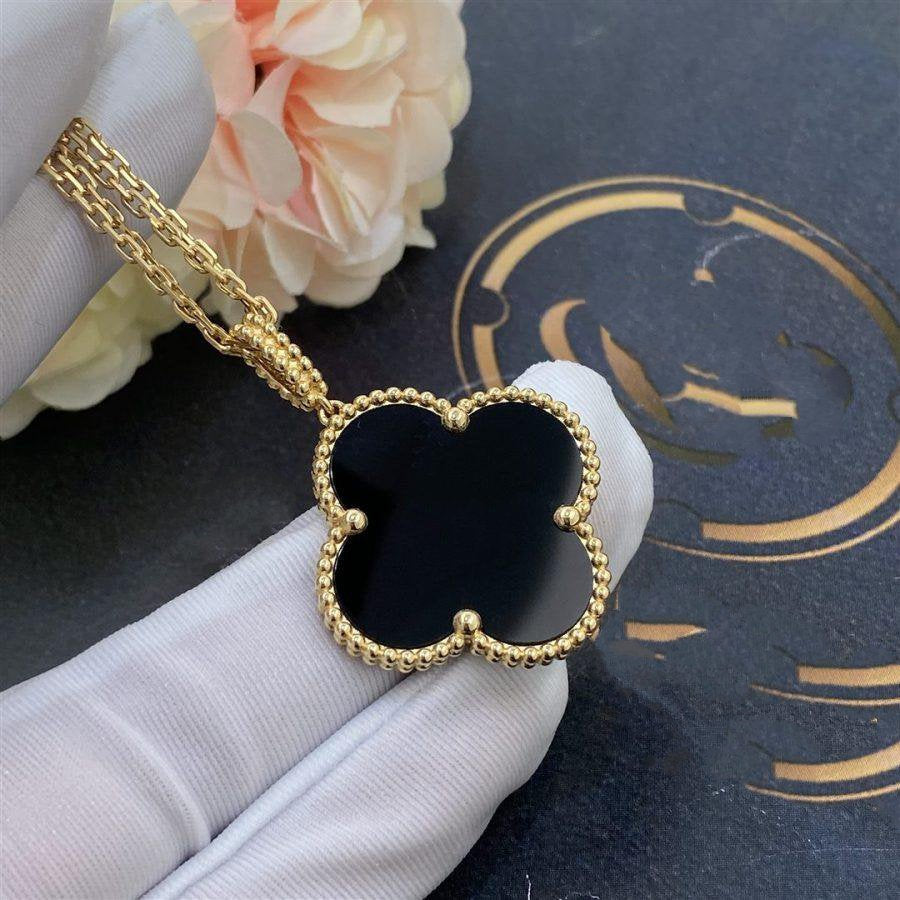 [AuraEcho]CLOVER 25MM GOLD ONYX BIG CLOVER NECKLACE