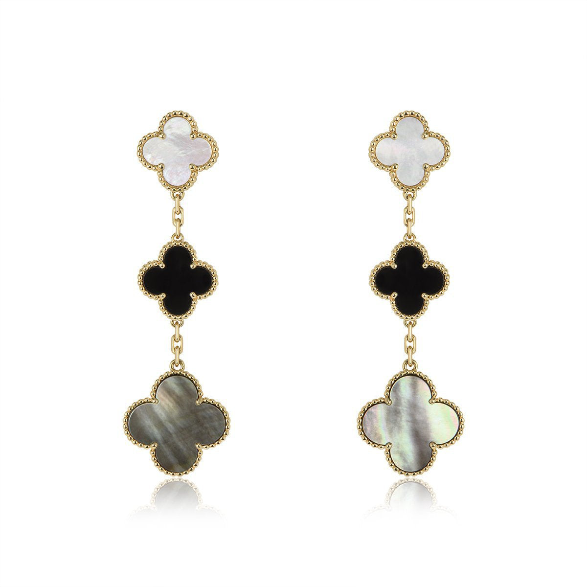 [AuraEcho]CLOVER EARRINGS GOLD ONYX MOP 3 MOTIF